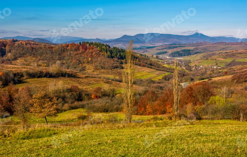 Preview: Rural Grassy Fields On Hills In Gorgeous Mountains. Stunning Countryside Landscape In Autumn