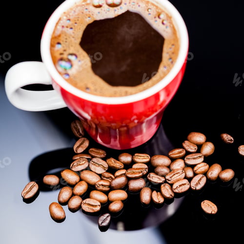 Preview: Red Cup Of Coffee With Coffee Beans And Dark Background