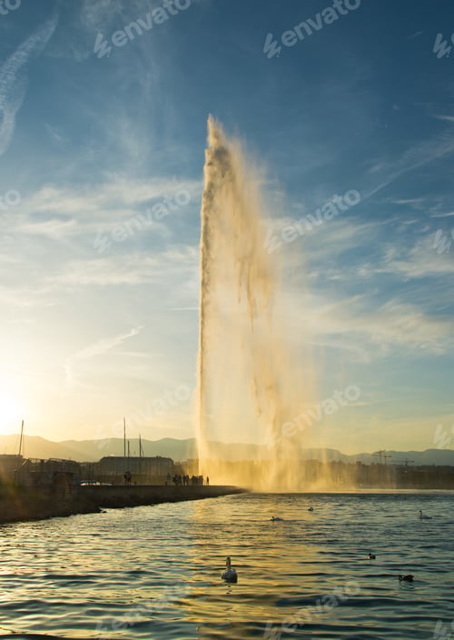 Preview: Famous Fountain On Geneva Lake During Sunset.