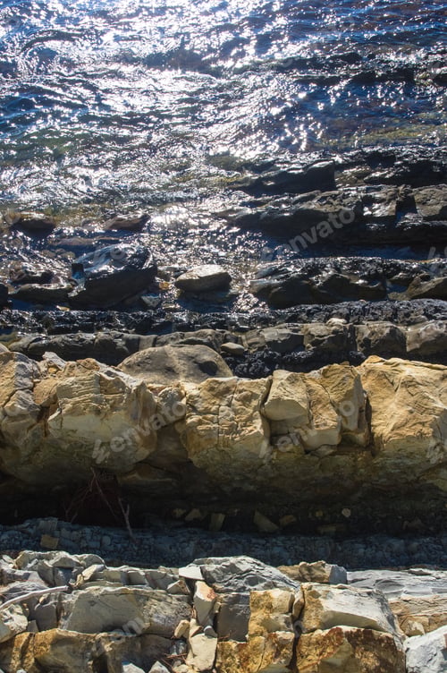 Preview: Rocky Sea Shore With Pebble Beach, Waves With Foam