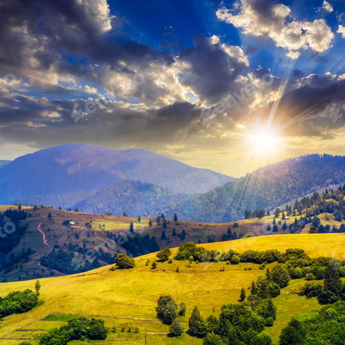 Preview: Summer Landscape. Village On The Hillside. Forest On The Mountain Light Fall On Clearing On