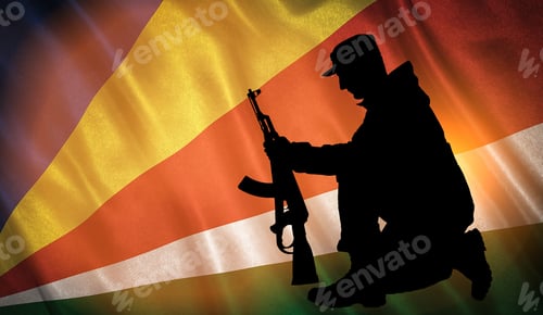 Preview: Flag With Original Proportions. Flag Of The Seychelles With The Silhouette Of A Soldier With A Gun