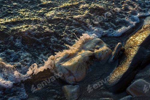 Preview: Pebble Stones On The Sea Beach, The Rolling Waves Of The Sea With Foam