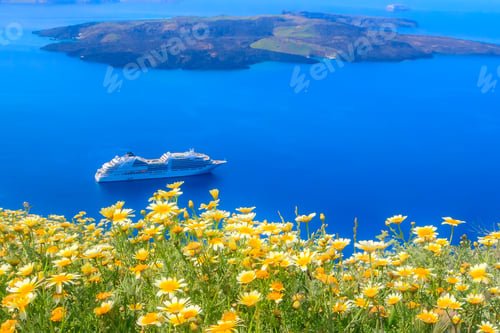 Preview: Santorini, Greece Spring Panoramic Blue Sea View With Yellow Flowers, Volcano Island And Cruise Ship