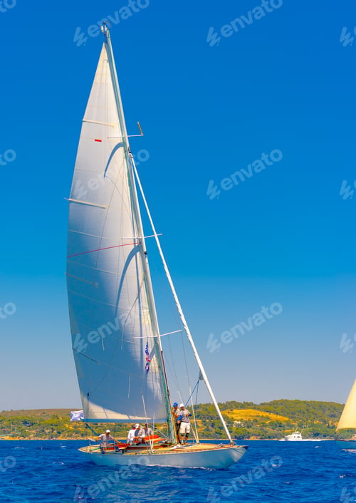 Preview: Classic Wooden Sailing Boat In A Race, Spetses Island In Greece