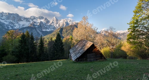 Preview: Sunrise In The Mountains And Hills In The Spring With Cottage And Trees.