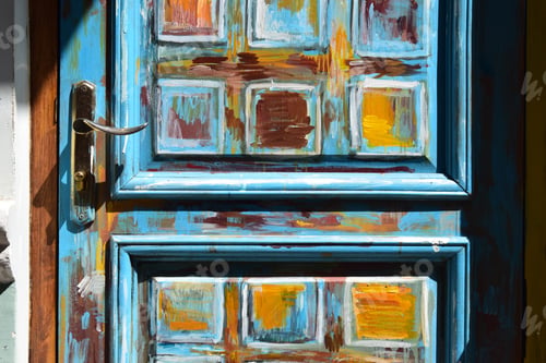 Preview: Colorful Vintage Door In Blue, Brown And Yellow