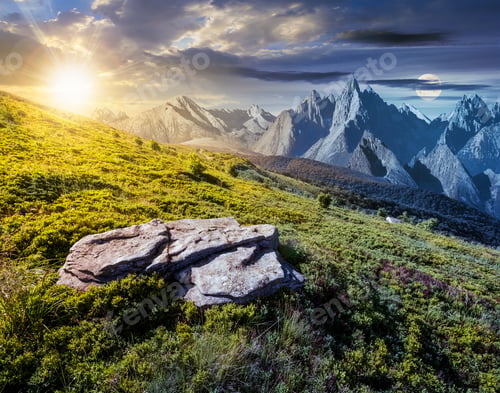 Preview: Time Change Concept Over The Composite Landscape With Meadow In Rocky Mountains. Beautiful