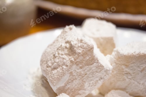 Preview: Turkish Delight Or Rahat-Lokum On A White Saucer, Selective Focus