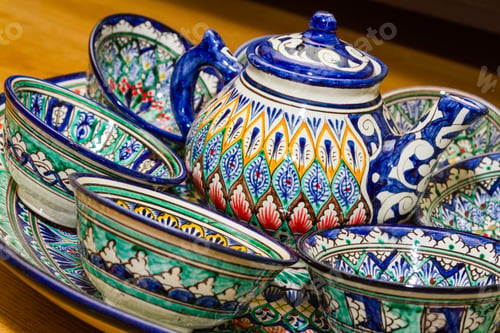 Preview: Traditional Uzbek Plates And Dishes In Uzbekistan, Central Asia. Silk Road Country.Plates With