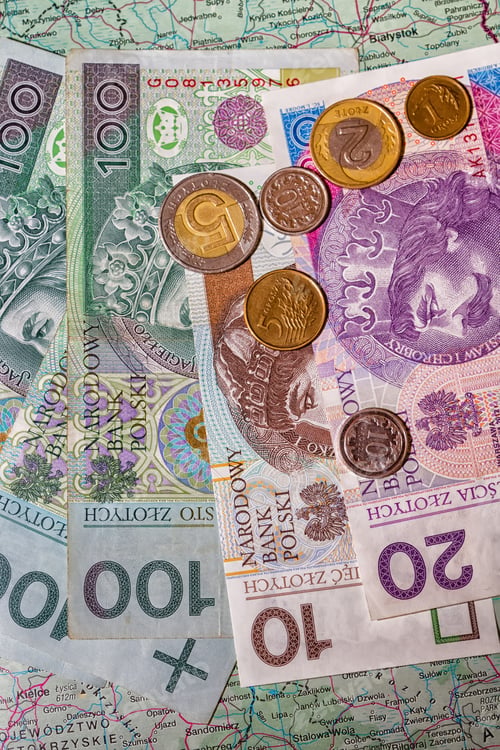 Preview: Set Of Polish Money (Notes And Coins) Over Map Background. Poland And Warsaw Focus.