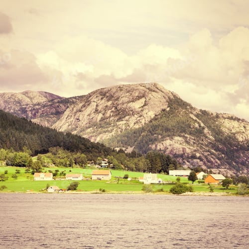 Preview: Norway, Rogaland County. Small Town By Lysefjorden Fiord. Vintage Style Photo Color.