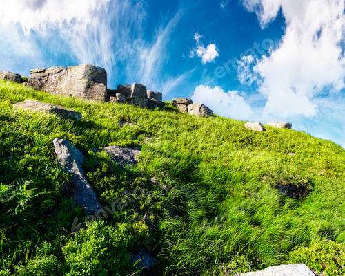 Preview: Huge Rocky Formation Up The Hill. Lovely Summer Scenery In Summer Mountains