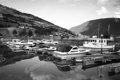 Preview: Norway, Sogn Of Fjordane County. Fishing Harbor, Nordfjord In Olden. Black And White B&W Vintage