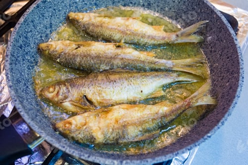 Preview: Fried River Fish With Crispy Crust In A Frying Pan, Homemade Dish, Close Up
