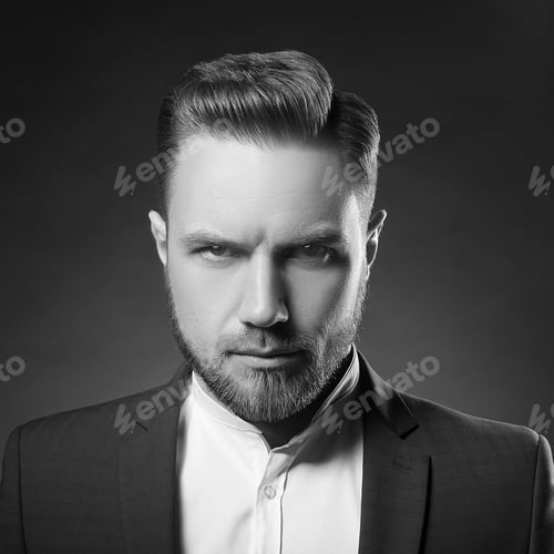 Preview: Portrait Of Handsome Stylish Caucasian Young Man In Elegant Blue Suit With Perfect Hair Style