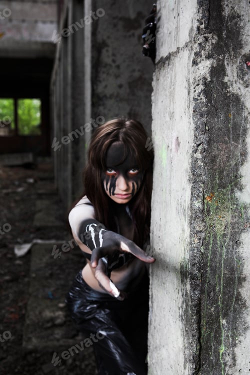 Preview: Woman With Creative Make-Up. Female Cyber Zombie. Destroyed Building.