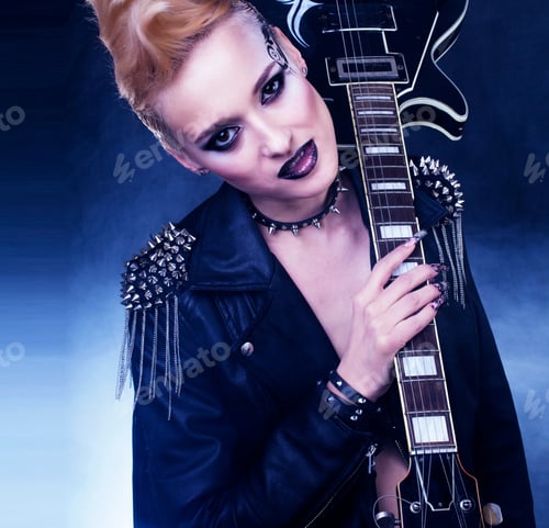 Preview: Fashion Rocker Style Model Girl Portrait. Hairstyle. Punk Woman Makeup, Hairdo And Black Nails
