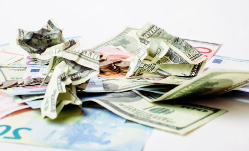 Preview: Cash On Table Isolated: Dollars, Euro, Rubl Broken Money. All In