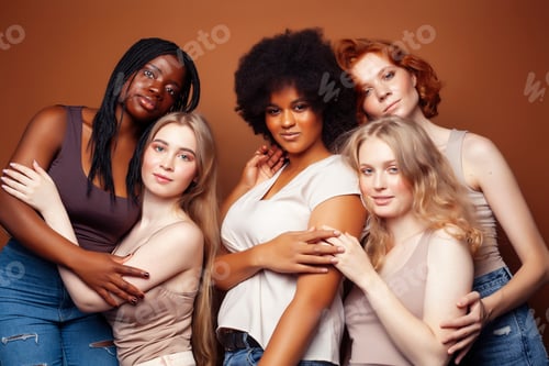 Preview: Young Pretty Caucasian, Afro, Scandinavian Woman Posing Cheerful Together On Brown Background