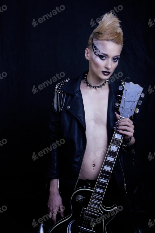 Preview: Fashion Rocker Style Model Girl Portrait. Hairstyle. Rocker Or Punk Woman Makeup, Hairdo And Black