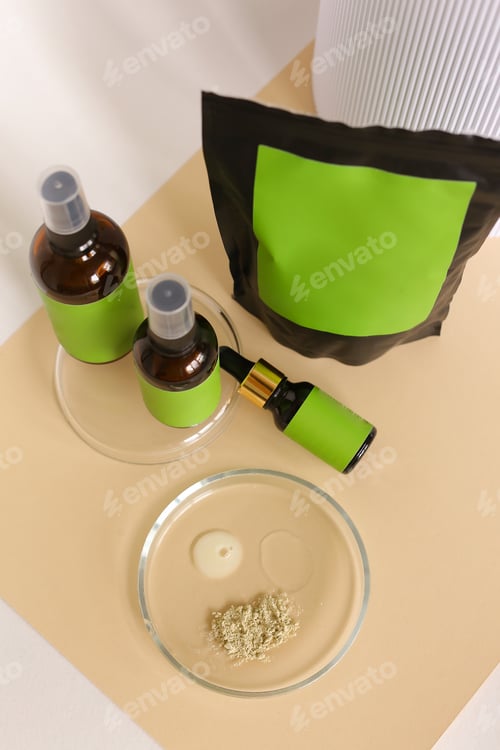 Preview: Close Up Doy Pack And Spray Bottles With Cosmetic Product, Green Space For Your Brand, Clay Powder