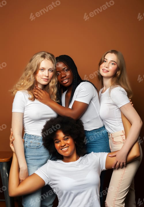 Preview: Young Pretty Asian, Caucasian, Afro Woman Posing Cheerful Together On Brown Background, Lifestyle