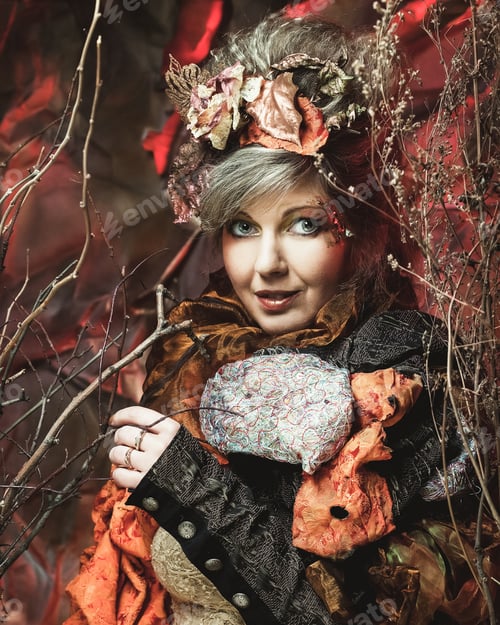 Preview: Woman With Bright Make Up With Dry Branches