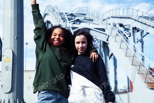 Preview: Young Cute Teenage Girls Together In Industrial Zone Happy Smiling Having Fun, Big City Lifestyle