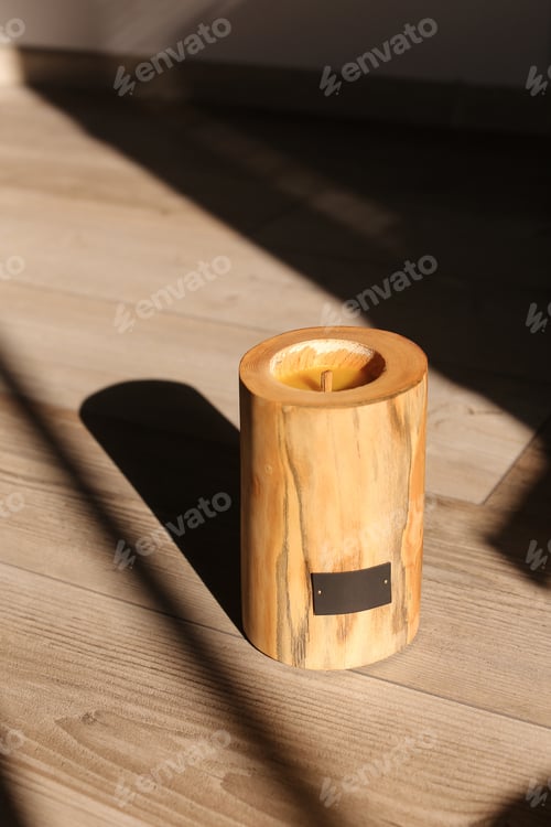 Preview: Wooden Candle Holder Rustic Interior Centerpiece With Candles In A Cozy Barn Setting.