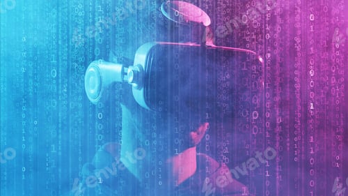 Preview: Portrait Of A Man In Virtual Reality Helmet Over Abstract Digital Background. Obscured Dark Face In