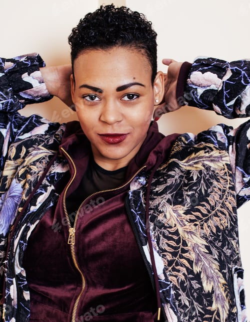 Preview: Young Pretty Multiracial Woman With Modern Haircut Fancy Dressed, Posing Smiling, Fashion Concept