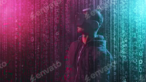 Preview: Portrait Of A Man In Virtual Reality Helmet Over Abstract Digital Background. Obscured Dark Face In