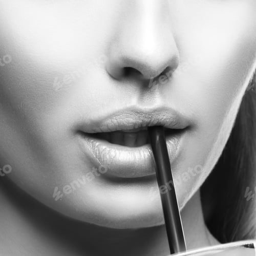 Preview: Sexy Lips Of Sensual Beauty Model Woman With Cocktal Straw. Black And White