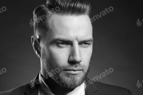 Preview: Portrait Of Handsome Stylish Caucasian Young Man In Elegant Blue Suit With Perfect Hair Style