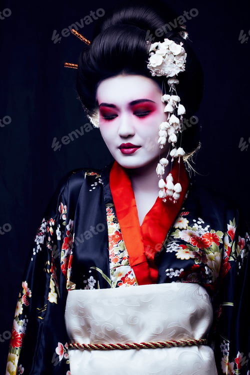 Preview: Young Pretty Geisha In Kimono With Sakura And Decoration