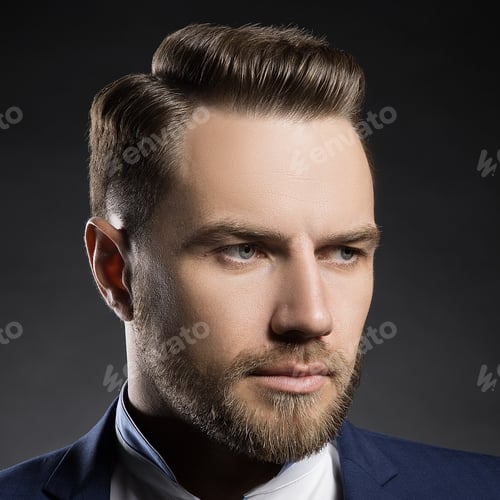 Preview: Portrait Of Handsome Stylish Caucasian Young Man In Elegant Blue Suit With Perfect Hair Style.