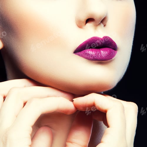 Preview: Partial Face Beauty Portrait Of Model Woman, Dark Purple Lips Makeup, Perfect Skin. Beauty