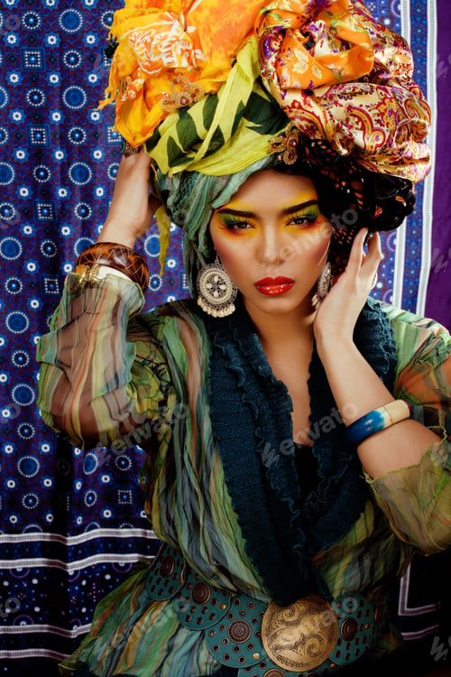 Preview: Beauty Bright Woman With Creative Make Up, Many Shawls On Head Like Cubian, Ethno Look Closeup