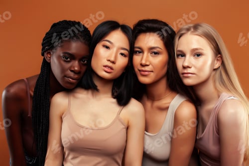 Preview: Young Pretty Asian, Caucasian, Afro Woman Posing Cheerful Together On Brown Background, Lifestyle