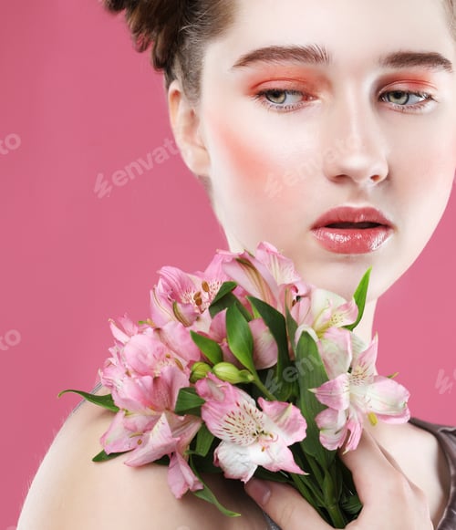 Preview: Beauty And Fashion Concept: Teenager Female Model With Perfect Make Up And Pink Flowers