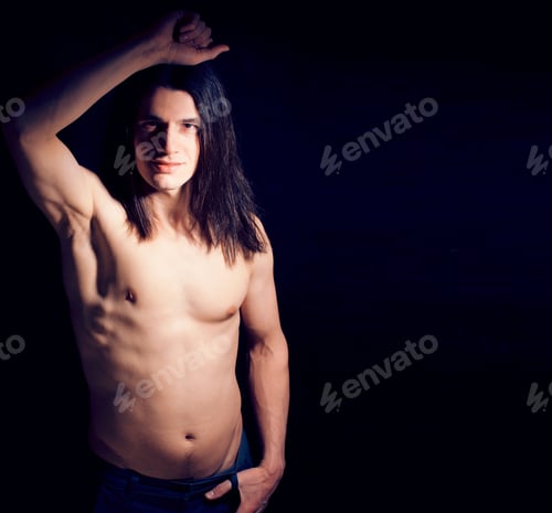 Preview: Handsome Young Man With Long Hair Naked Torso On Black Backgroun