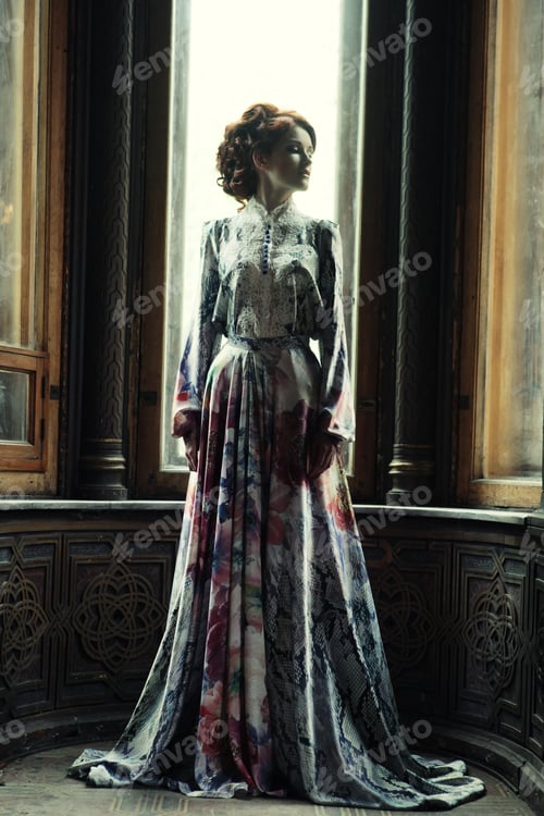 Preview: Young Beautiful Woman In Pink Dress Posing In Luxury Palace