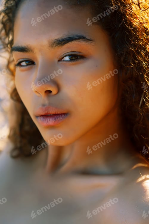 Preview: Young Pretty African Curly Girl On Sunset On Beach Sexy Looking, Lifestyle People Concept