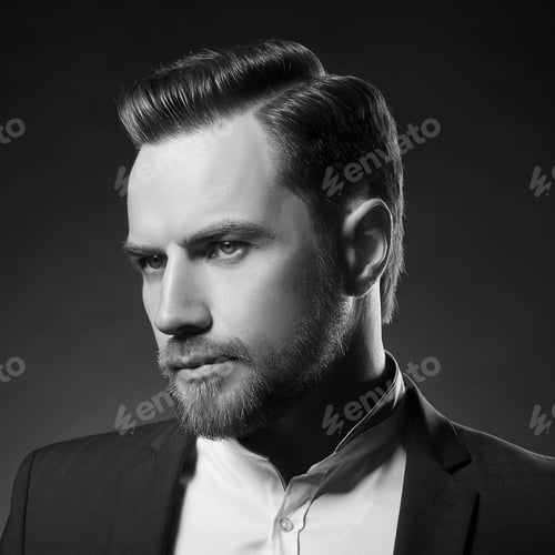 Preview: Portrait Of Handsome Stylish Caucasian Young Man In Elegant Blue Suit With Perfect Hair Style