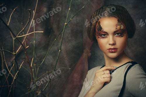 Preview: Beauty And Fashion Concept: Close Up Portrait Redhair Woman With Bright Creative Make Up And