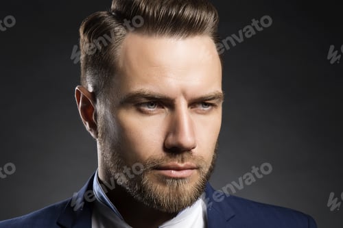Preview: Portrait Of Handsome Stylish Caucasian Young Man In Elegant Blue Suit With Perfect Hair Style.