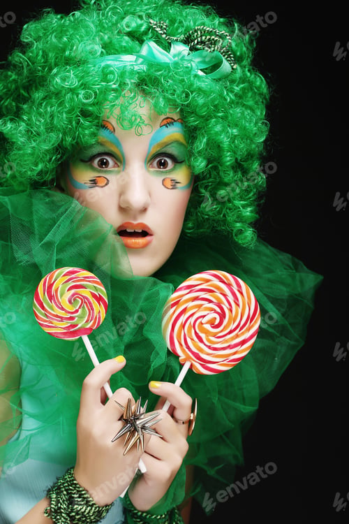 Preview: Girl With With Creative Make-Up Holds Lollipop. Doll Style.