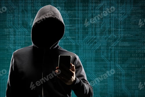 Preview: Computer Hacker In Mask And Hoodie Over Abstract Binary Background. Obscured Dark Face. Data Thief