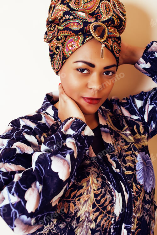 Preview: Beauty Bright African Woman With Creative Make Up, Shawl On Head Like Cubian Closeup Smiling